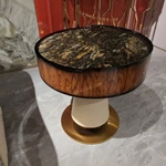 Round Natural Stone Sofa Side Table with Wood Veneer Drum, Upholstered Pedestal and Gold Stainless Steel Base